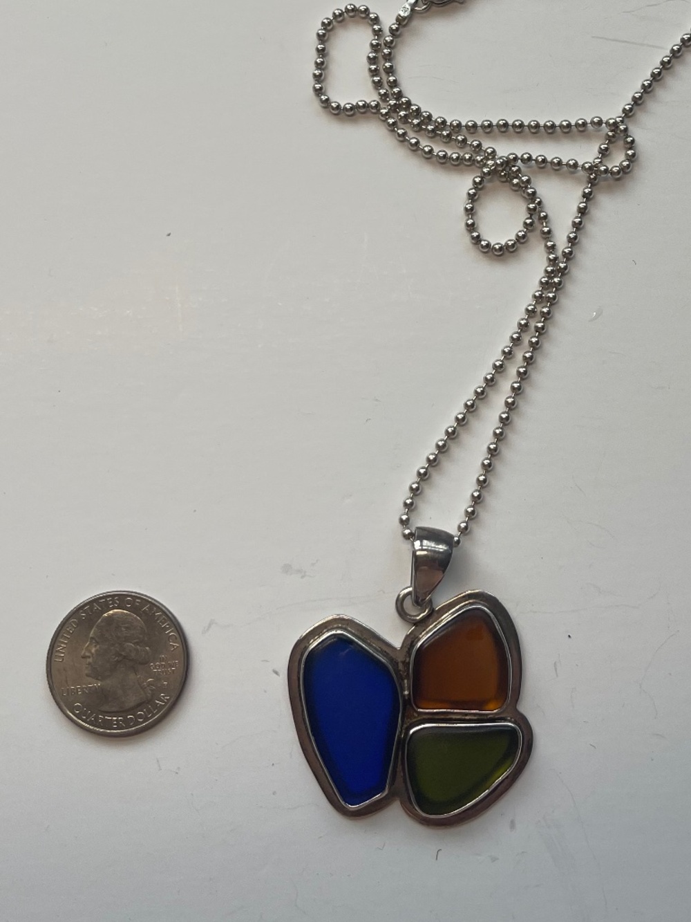 CHARLES ALBERT signed SeaGlass Pendant and 28 Inch Sterling Silver Necklace